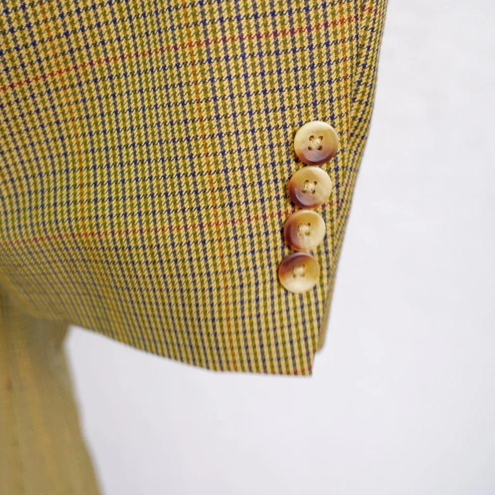 Nautica Wool Tan Green‎ Blue Houndstooth W/ Yellow Red Windowpane 46L Sport Coat